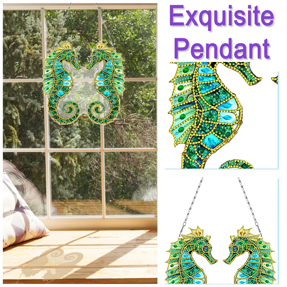 2D Flat Seahorse DIY Diamond Art Pendant Window Hanging Art for Home Wall Decor