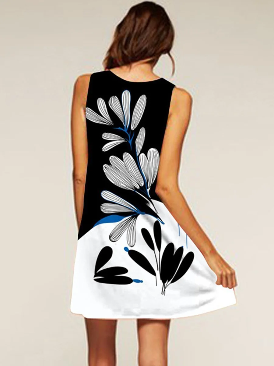 Round Neck Color Block Floral Sleeveless Shift Dress