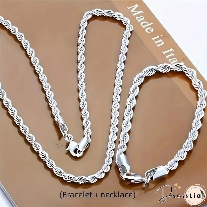 2pcs Sterling Silver Necklace Bracelet Set Stylish Unisex Duo Versatile Daily Wear for Him