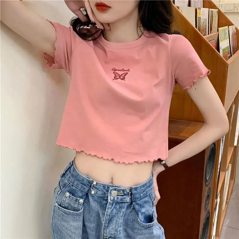 Uveng Uveng 2024 Summer High Waist Crop Short T-Shirt Women Slim And Thin Butterfly Embroidery Short-Sleeved Top Women