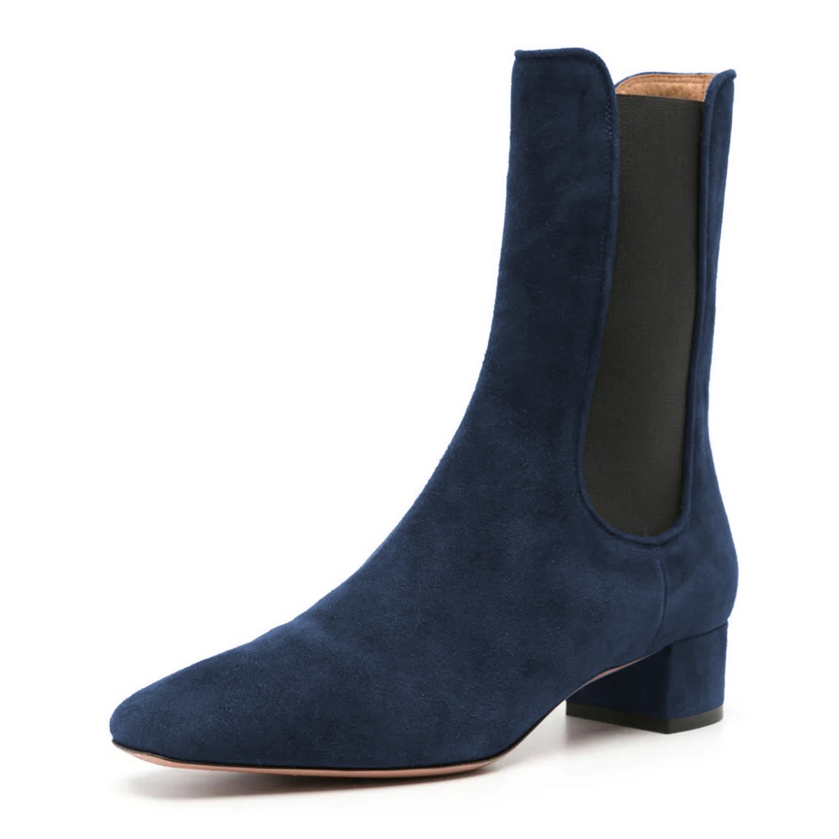 Navy Square Toe Chunky Heel Vegan Suede Chelsea Boots Women Nicepairs