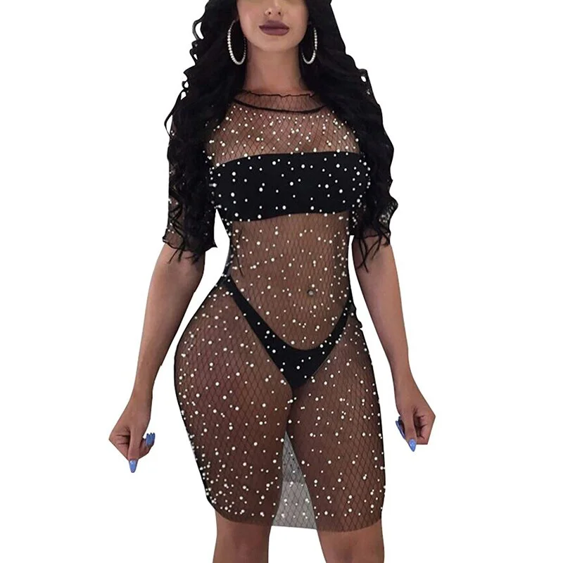 Summer Sexy Women Bikini Cover Up Dress Robe Mesh Fishnet See Through Perspective Swimsuit Swimwear Bathing Suit