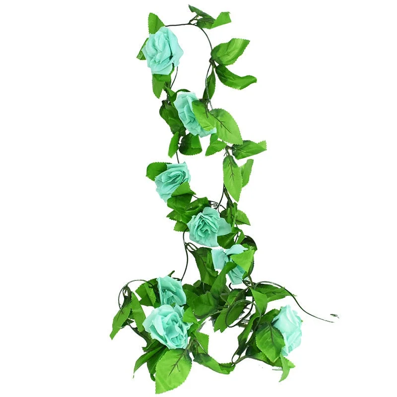 2.4m Silk Artificial Roses Flowers Rattan String Vine with Green Leaves For Home Wedding Garden Decoration Hanging Garland Wall