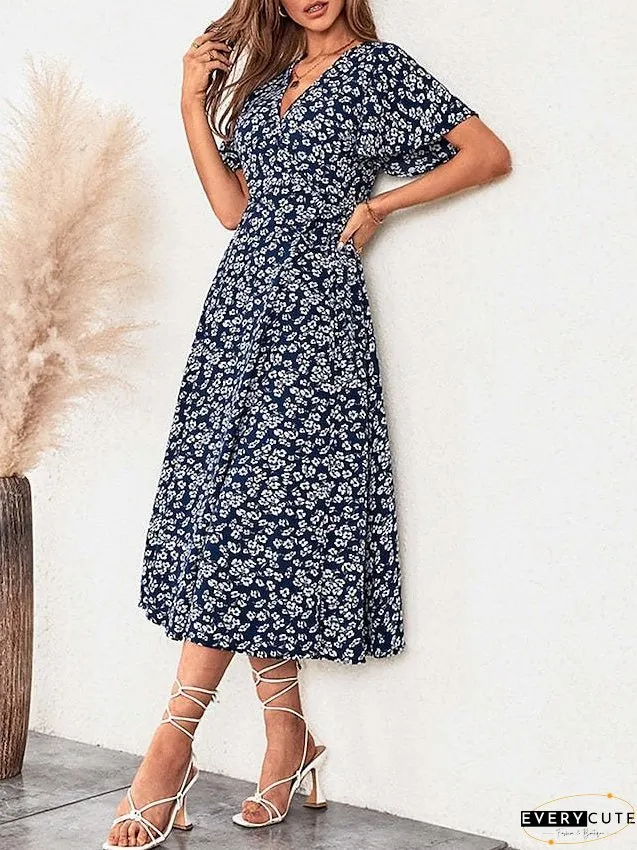 Casual Dress Wrap Line Floral Ditsy Lace Split Neck Midi Fashion Streetwear Outdoor Daily