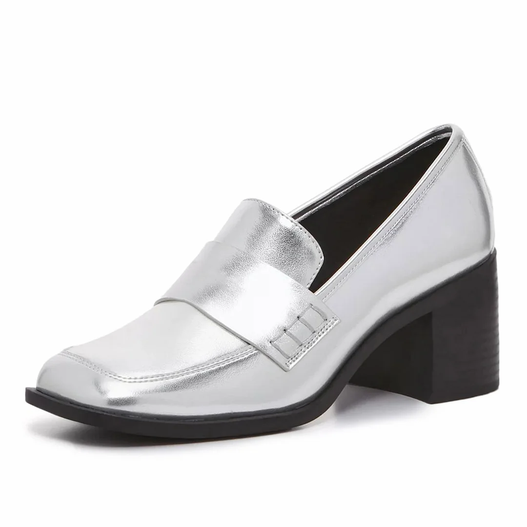 Chic Metallic Finish Slip-On Square-Toe Loafer Heels in Silver