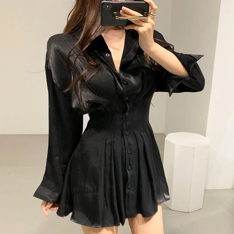 tlbang Sleeve Dress Women Elegant Solid Holiday Single Breasted All-match Simple Autumn Cozy Female Vestidos Basic Preppy Leisure