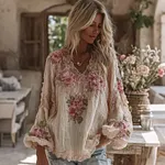 Women's Vintage Pink Floral Art Print Flowy Linen Blend Casual V Neck Tops - Image 2