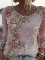 Boho Pink Floral Lace Round Neck Comfy Linen Tunic