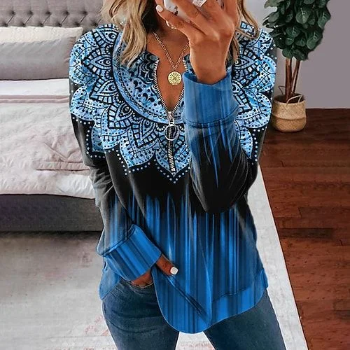 Vintage Tribal Geometric Gradient Zipper Casual Sweatshirt