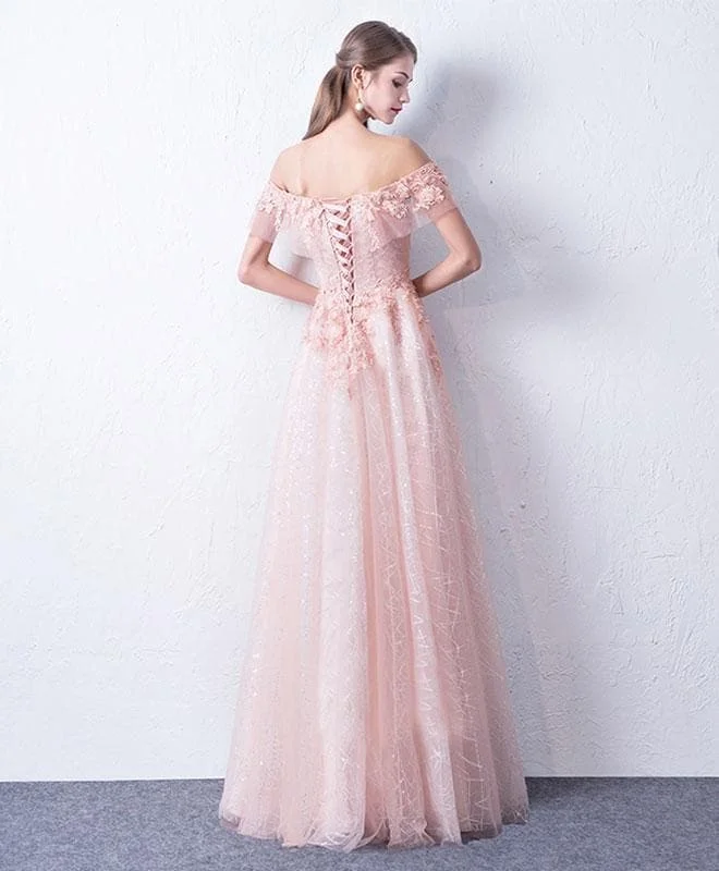 Pink Lace Off Shoulder Long Prom Dress, Pink Evening Dress