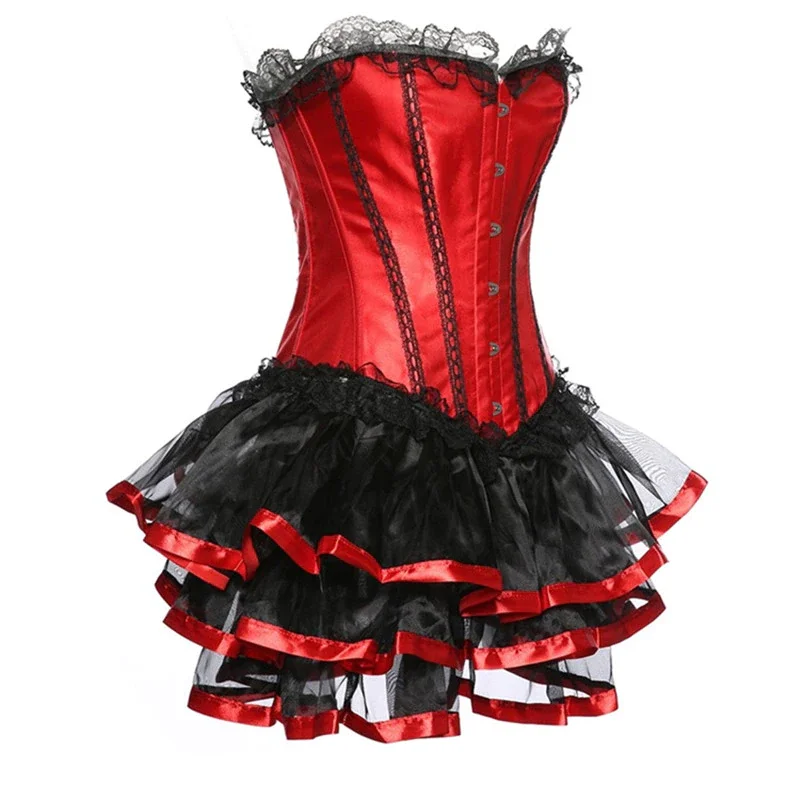 Billionm Gothic Satin Bustier Corset Women Burlesque Dancer Dress Shapers Bustier Mini Skirt Lace Plus Size Waist Slimming Belt 6XL