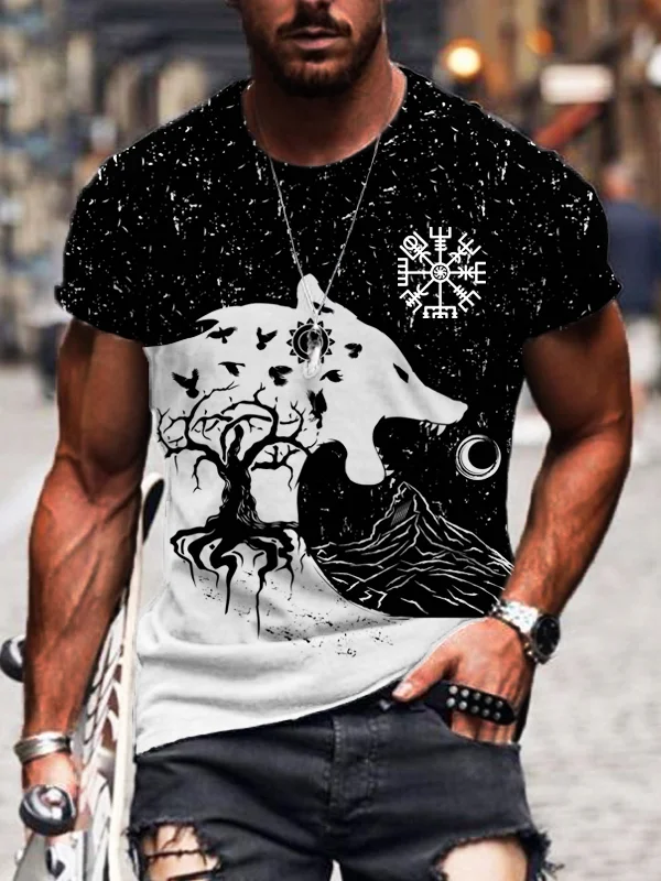 BrosWear Men's Viking Animal Wolf Dead Tree Eagle Mountain Black and White Contrast Color T Shirt