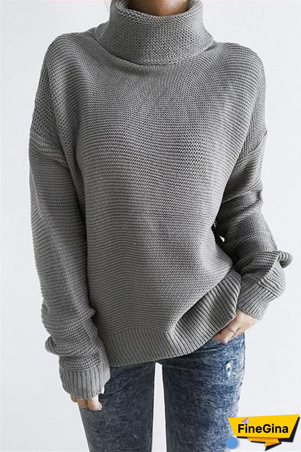 Grey Plain High Neck Sweater