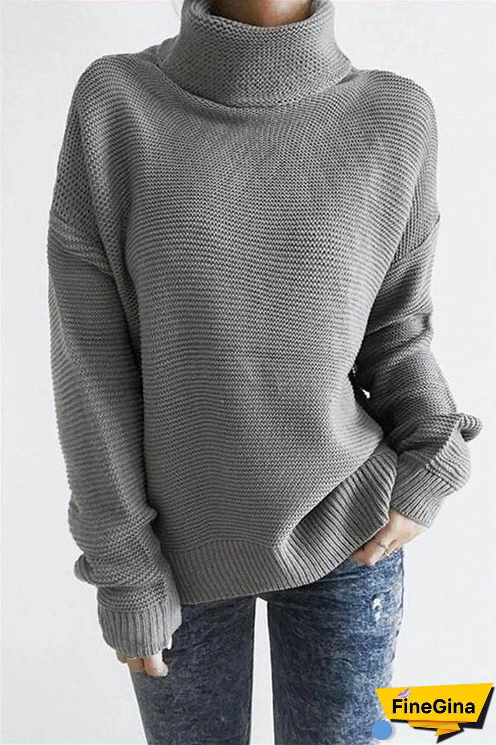 Grey Plain High Neck Sweater