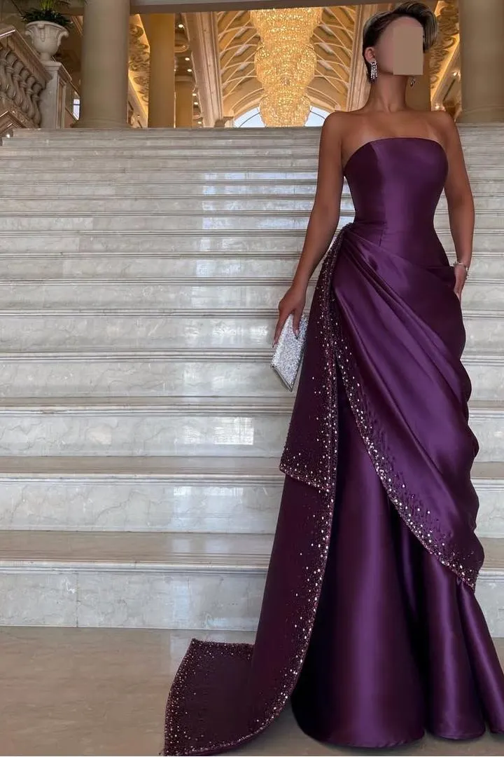 Lussooy Grape Satin Strapless Beaded Stunning Sleeveless Prom Dress with Train 