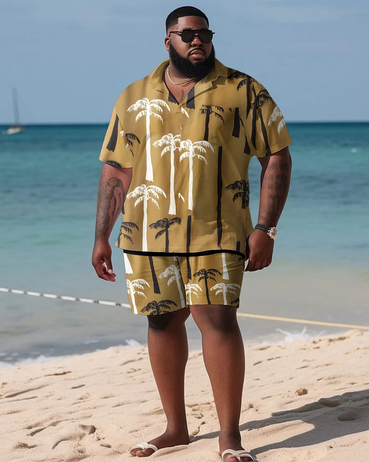 Men's Large Size Hawaiian Coconut Tree Pattern Art Color Block Shirt and Shorts Two-piece Set