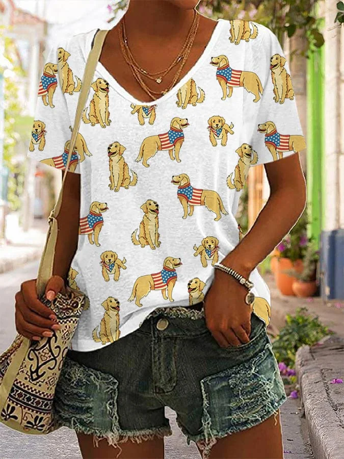 Women's Independence Day Golden Retriever Print V-Neck T-Shirt