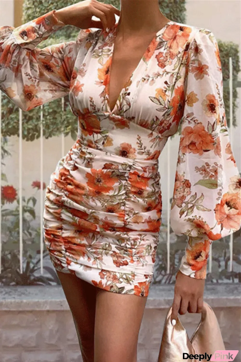 Orange Fashion Sexy Print Fold V Neck Long Sleeve Dresses