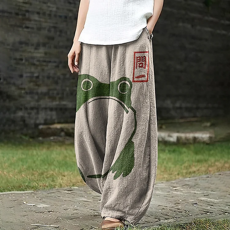 Comstylish Casual Cute Frog Japanese Lino Art Painting Print Loose Pants