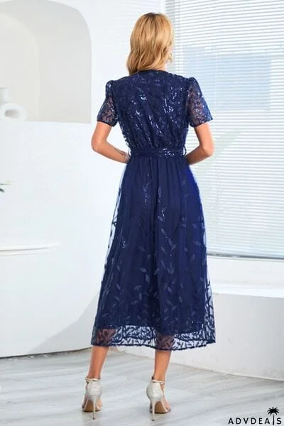 Sequin Leaf Embroidery Tie Front Short Sleeve Dress
