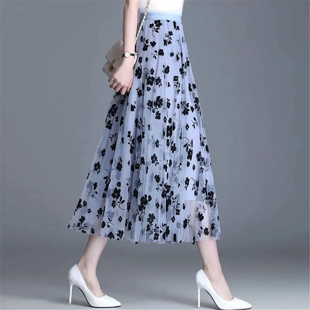 High Waist Long Mesh Skirt Flower Black Tulle Skirt Women Spring Summer Elastic Women Pleated A-line Skirt Female Midi Skirt