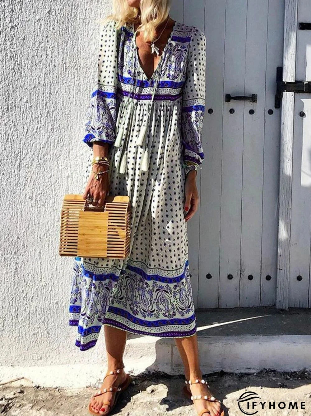 Women Daytime Boho V-Neck Printed Paneled Dress | IFYHOME