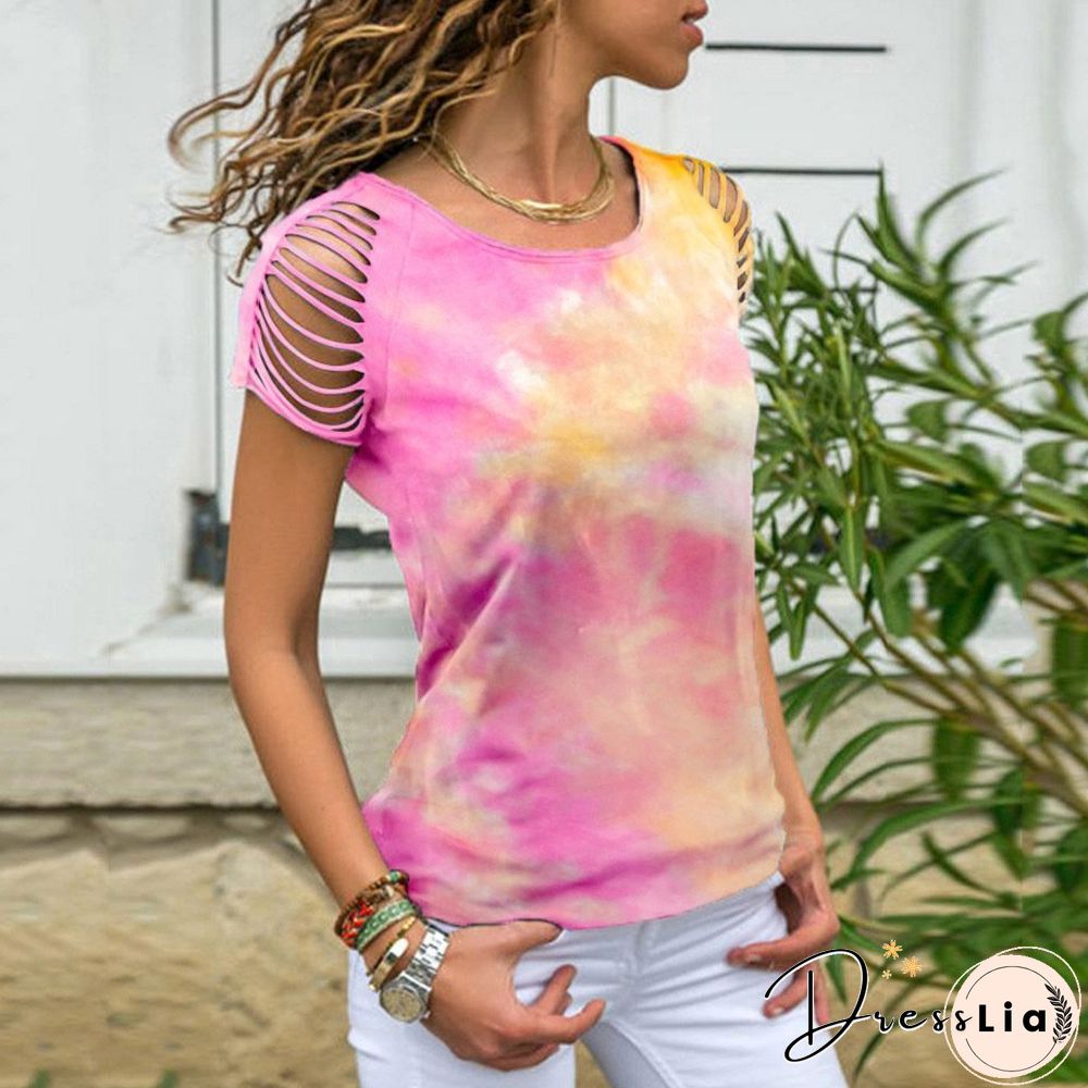 Women's Tie-dye, Hole-burning, Strapless Short-sleeved T-shirt