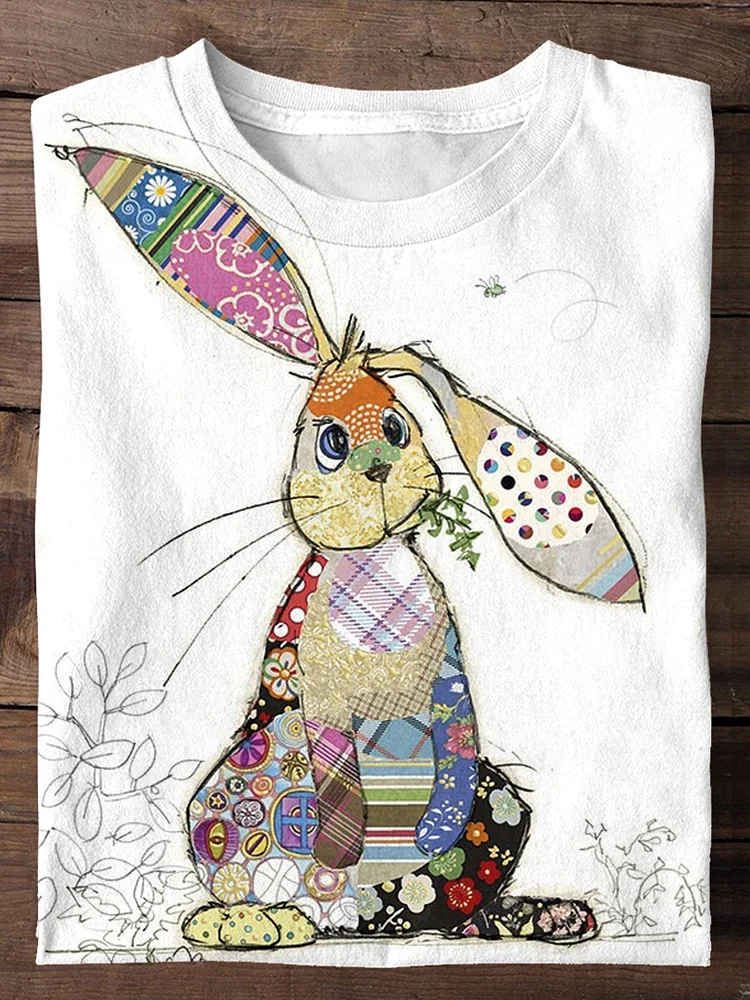 Casual Cute Bunny Art Print T-shirt