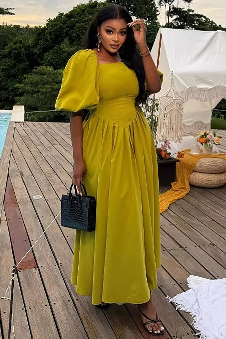Balloon Sleeve Corset Design Shirred Hem Solid Color Midi Dresses-Green