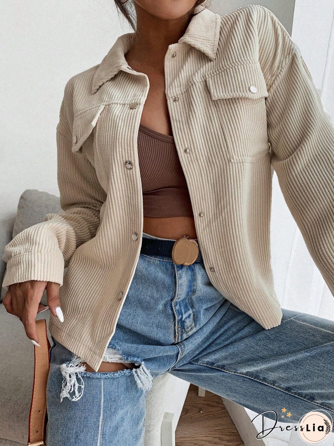 Honey Pocketed Collared Neck Snap Down Jacket