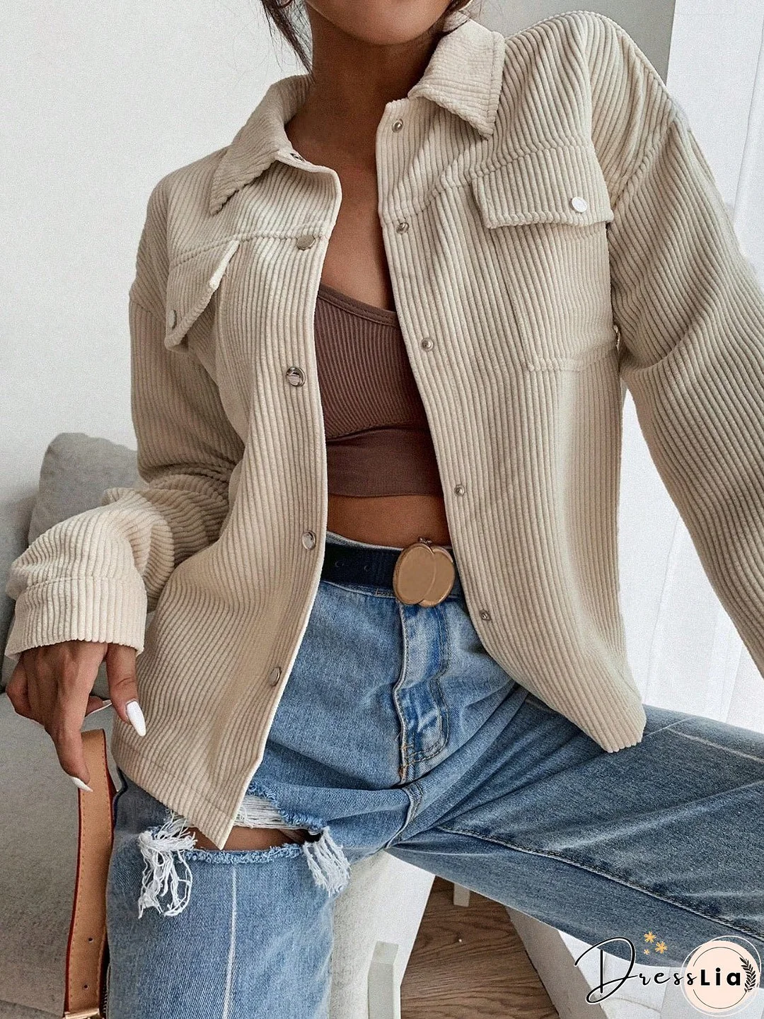 Honey Pocketed Collared Neck Snap Down Jacket