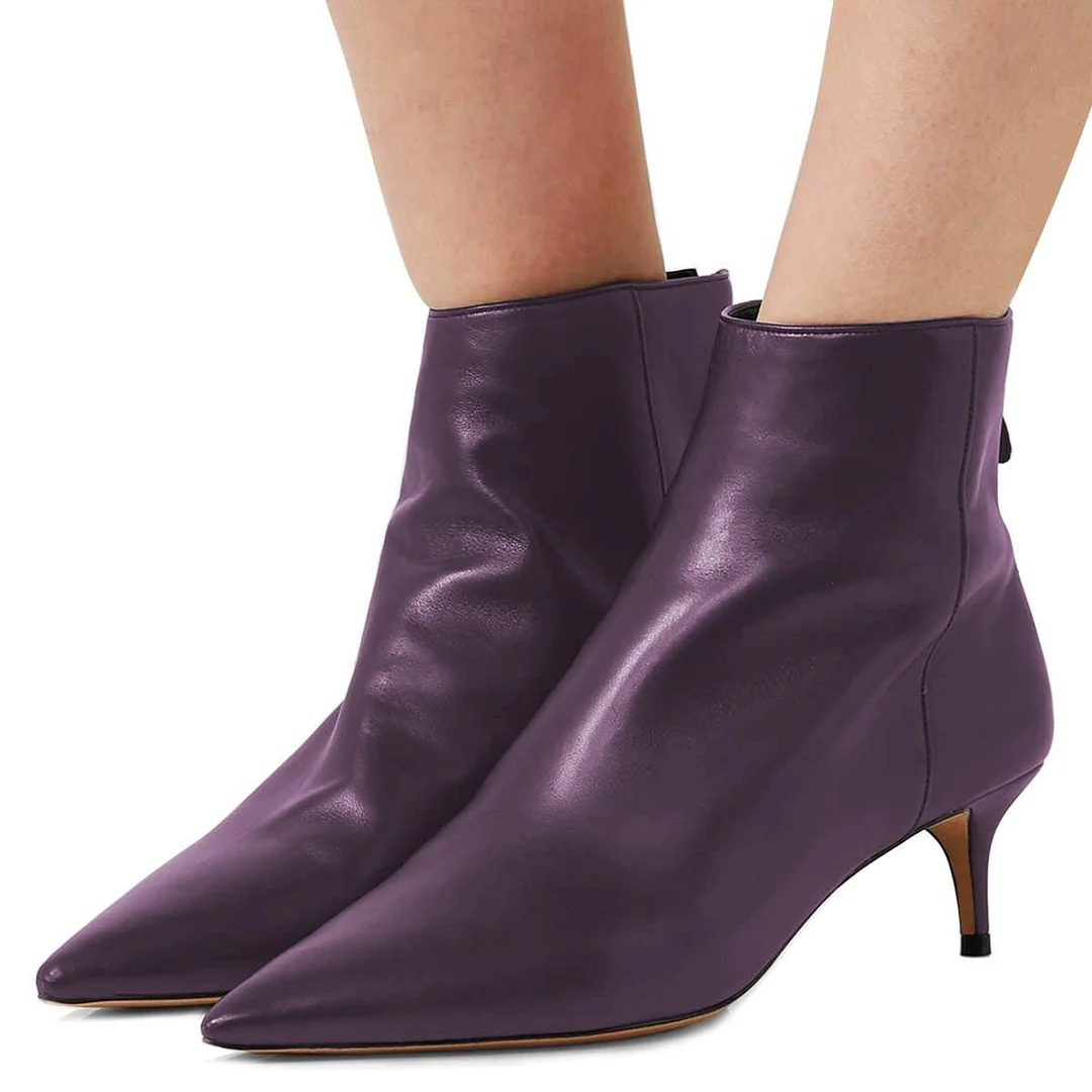 Purple Kitten Heel Pointed Toe Back Zipper Short Boots for Women