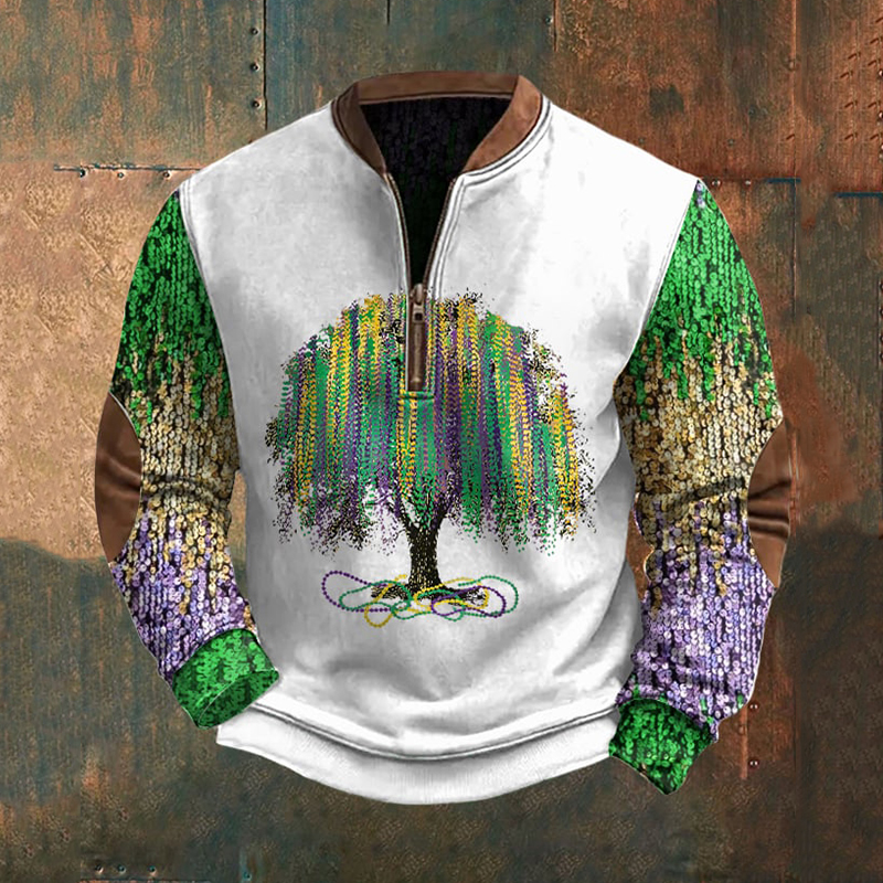 Comstylish Men's Retro Mardi Gras Print Zipper Sweatshirt