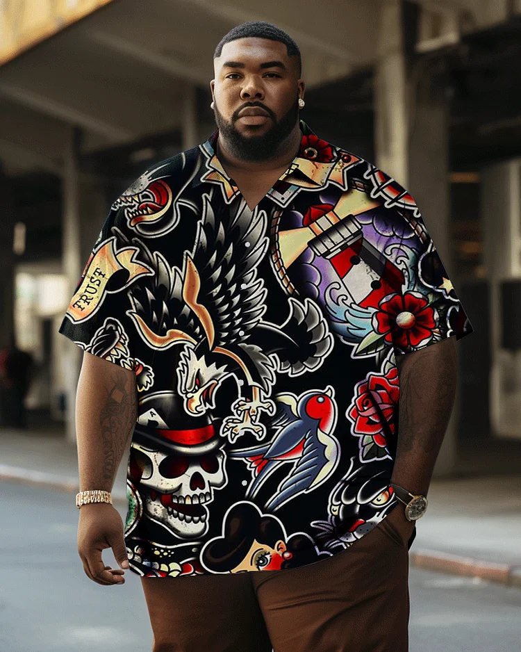 Retro Graffiti Print Large Men's Hawaiian Shirt