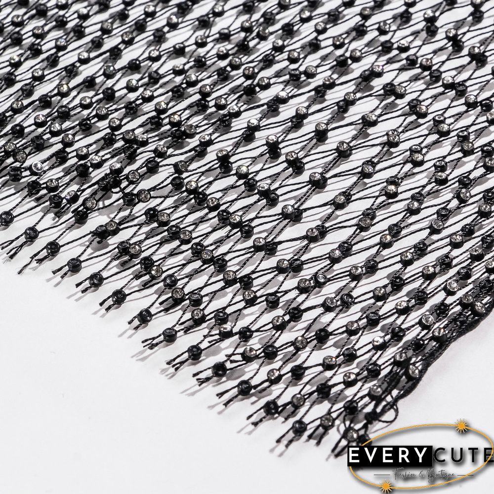 Black Rhinestone Mesh Hollow-out V Neck Crop Top