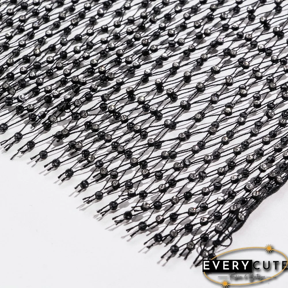 Black Rhinestone Mesh Hollow-out V Neck Crop Top