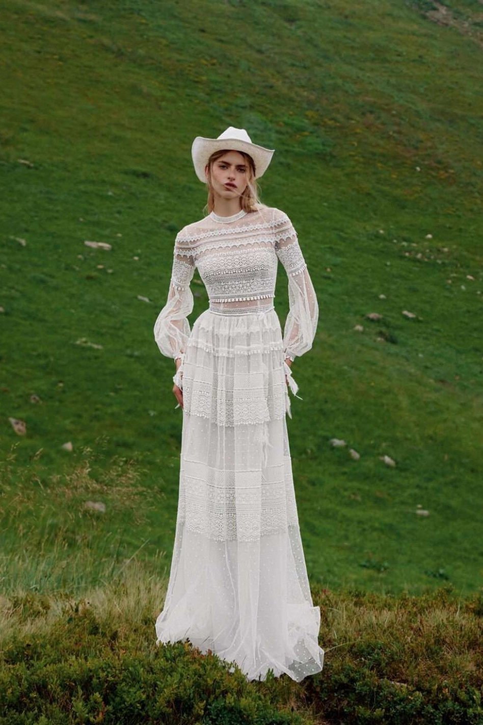 Ovlias Exquisite White Long Sleeve Tulle Tiered Lace Sheer Prom Dress LY0376