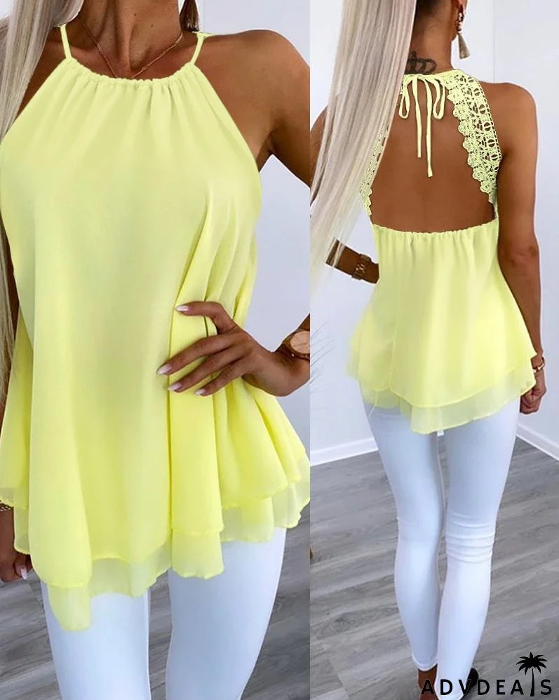 Contrast Lace Tied Detail Chiffon Top