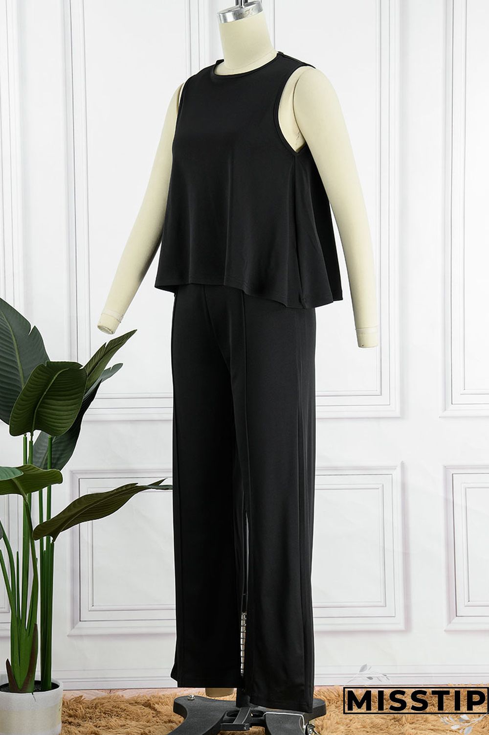 Black Casual Solid Patchwork O Neck Sleeveless Two Pieces