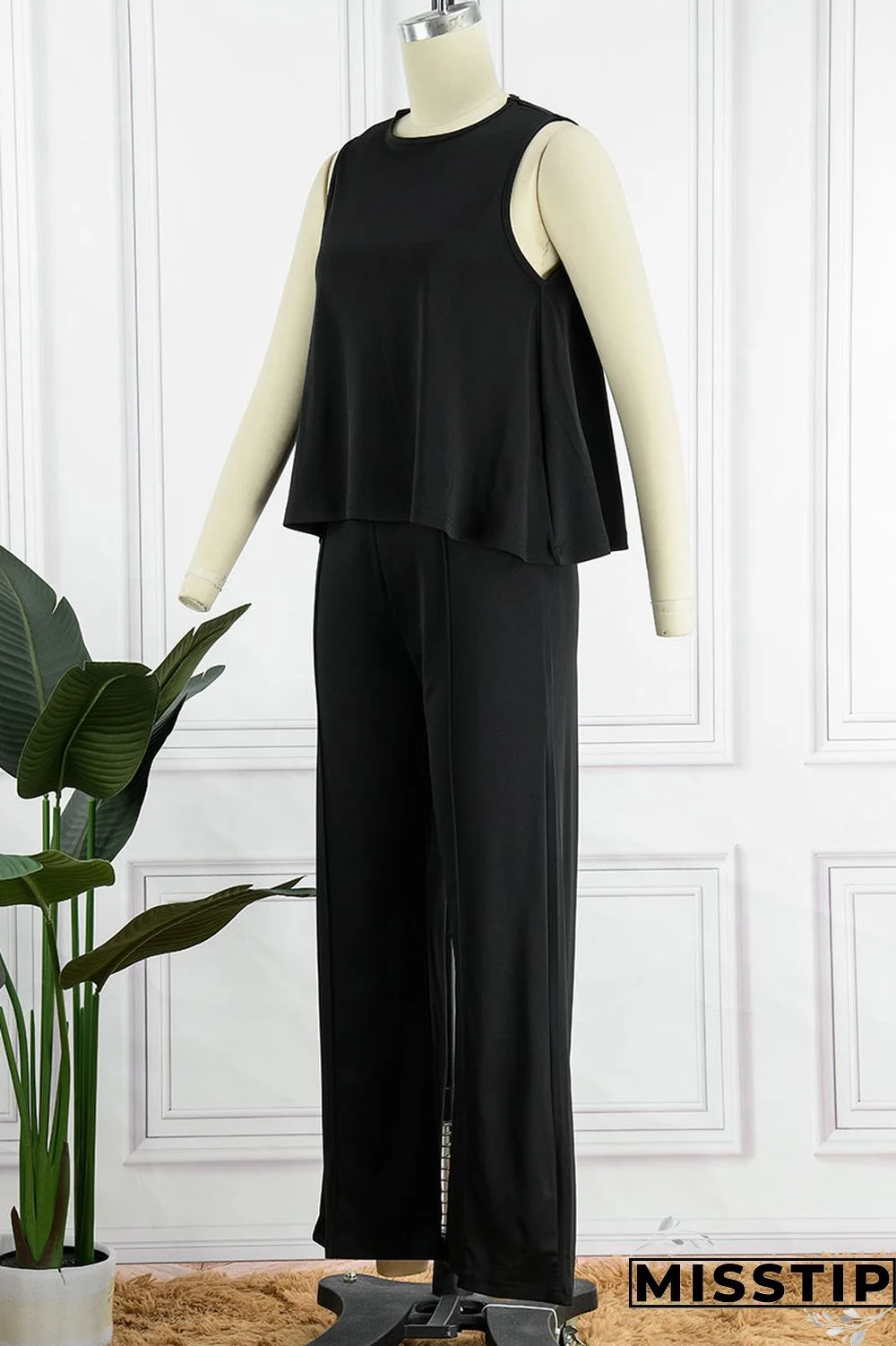 Black Casual Solid Patchwork O Neck Sleeveless Two Pieces