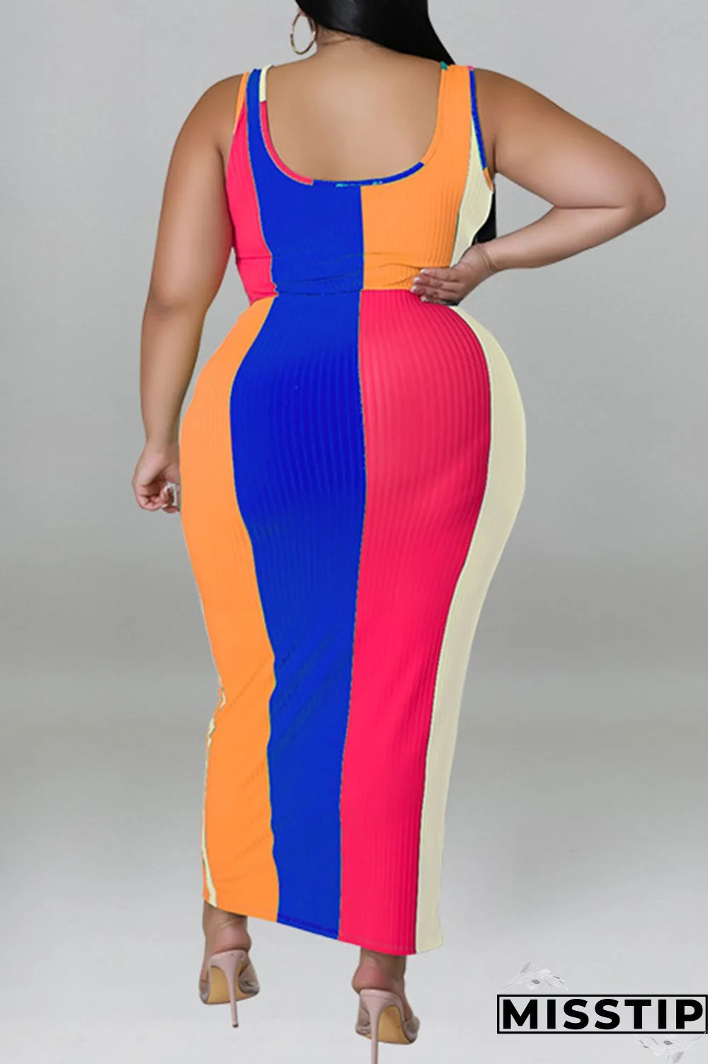 Blue Fashion Casual Striped Print Patchwork Contrast U Neck Plus Size Two Piece Set