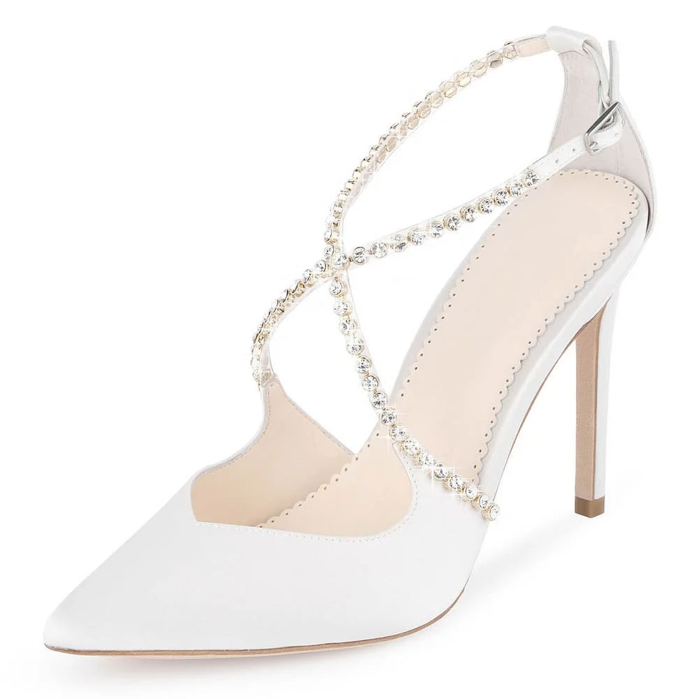Elegant White Satin Pointed-Toe Cross Rhinestone Strap Wedding Heels