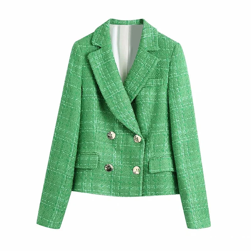 KPYTOMOA Women 2021 Fashion Double Breasted Tweed Blazer Coat Vintage Long Sleeve Female Outerwear Chic Veste Femme