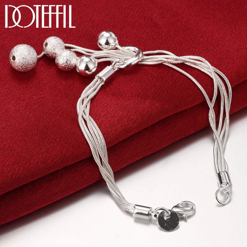 DOTEFFIL 925 Sterling Silver Five Snake Chain Smooth Frosted Bead Bracelet For Women Jewelry