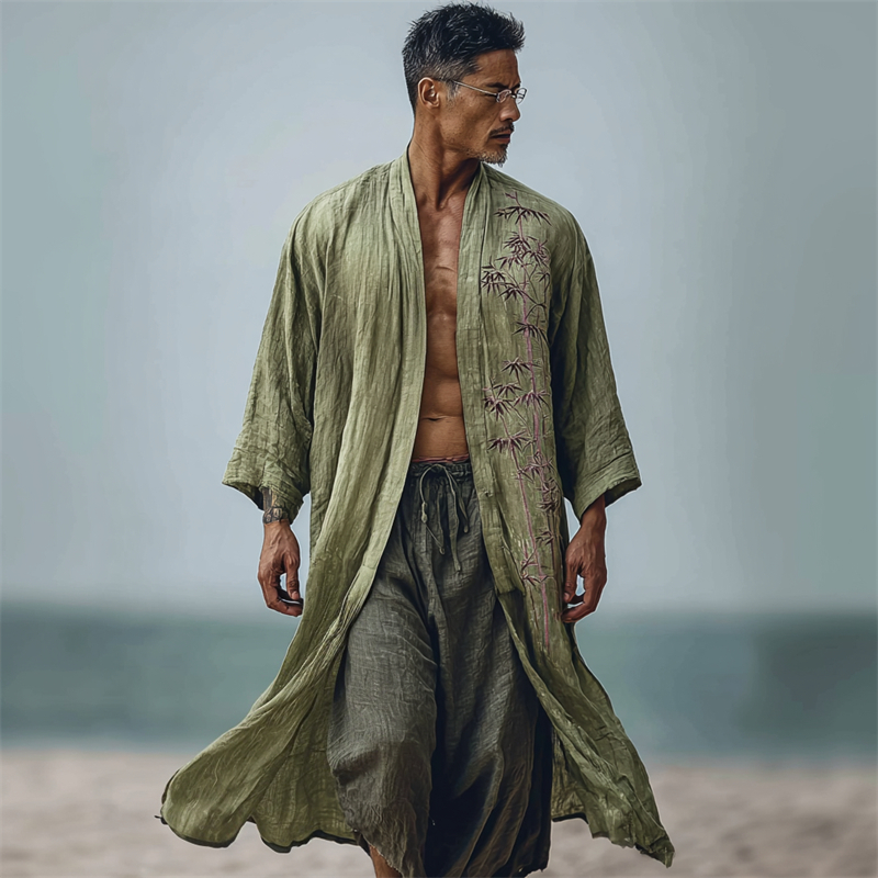 Men's Japanese Bamboo Inspired Flowy Linen Long Kimono  artssus
