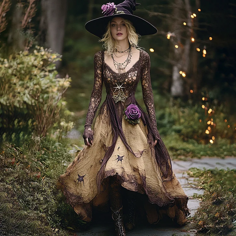 Halloween Themed Tie-dye Gradient Lace Patchwork Witch Maxi Dress