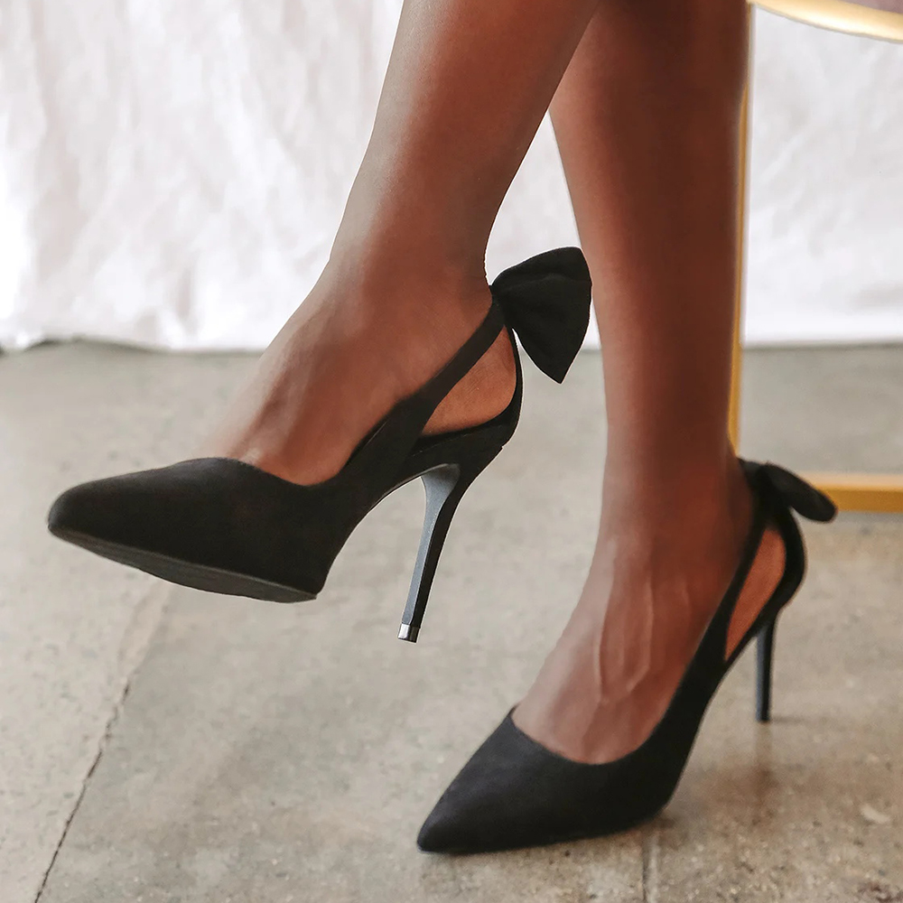 Elegant Black Vegan Suede Cut Out Pointed Toe Pumps Heels with Bow Nicepairs