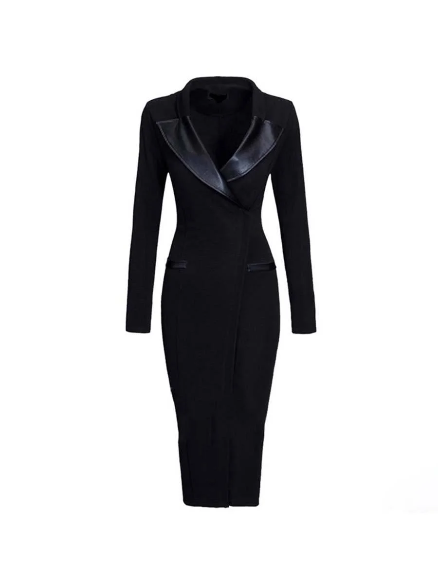 Women Dress Elegant Lapel Plain Pockets Bodycon Dress