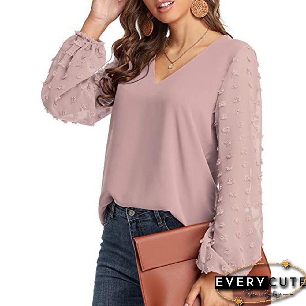 Purple Pink V Neck Splicing Swiss Dot Long Sleeve Blouse