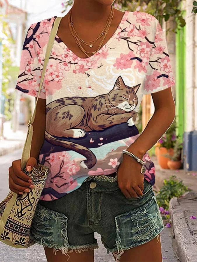 Women's Sleeping Cat Pink Cherry Blossom Print V-Neck T-Shirt